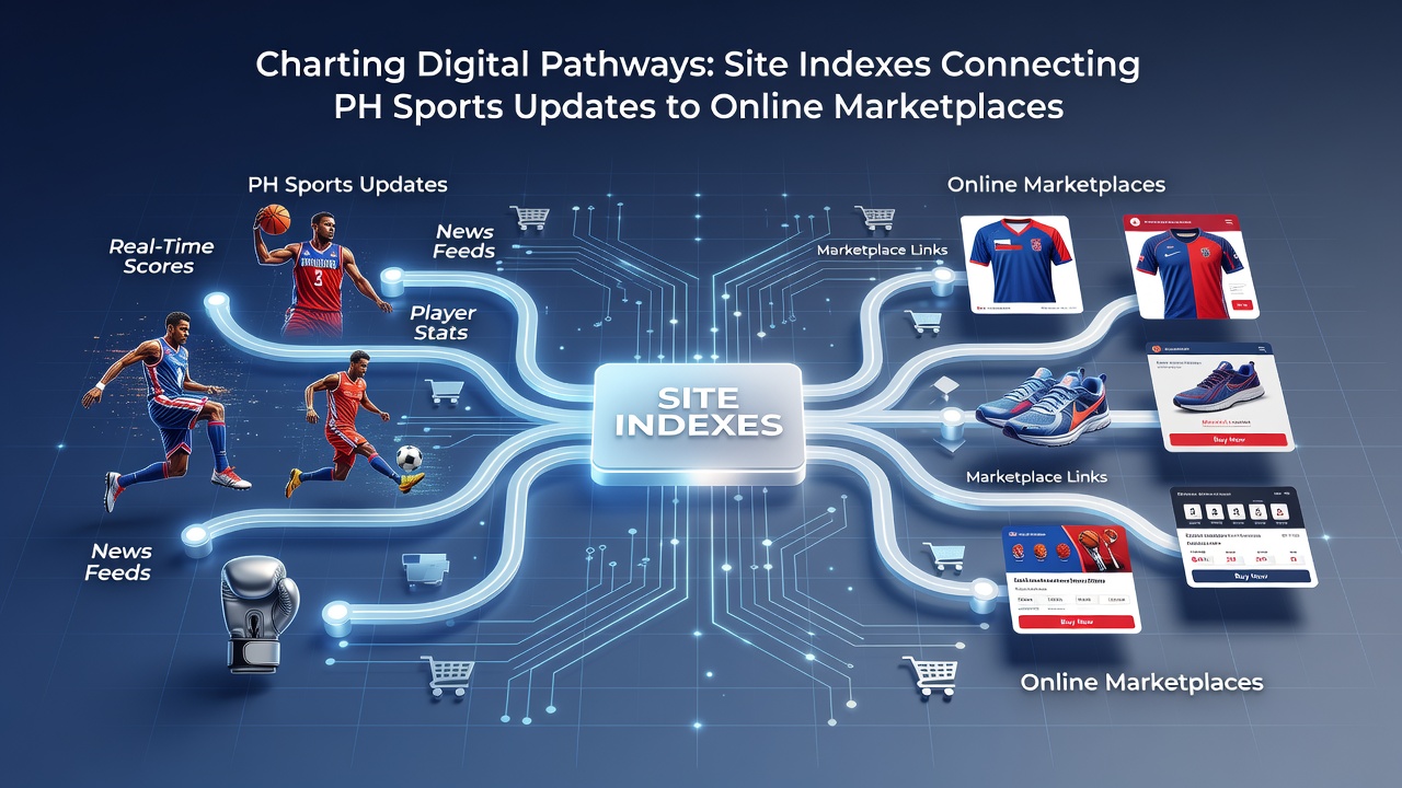 Illustration of interconnected digital pathways between sports news indexes and e-commerce marketplace interfaces