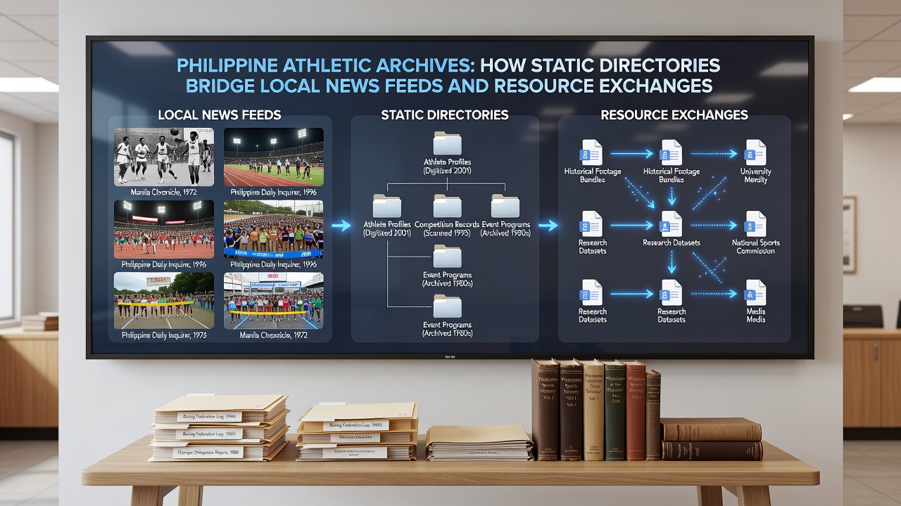 Detailed view of directory entries linking Philippine sports news archives with external resource platforms